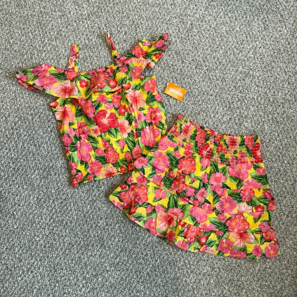 Gymboree Girls Yellow Hibiscus Floral Smocked Top and‎ Tiered Skirt Set Size 10